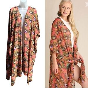 UMGEE Women M L Peacock Feathers Boho Hippie Lightweight Cover Up Duster Kimono.